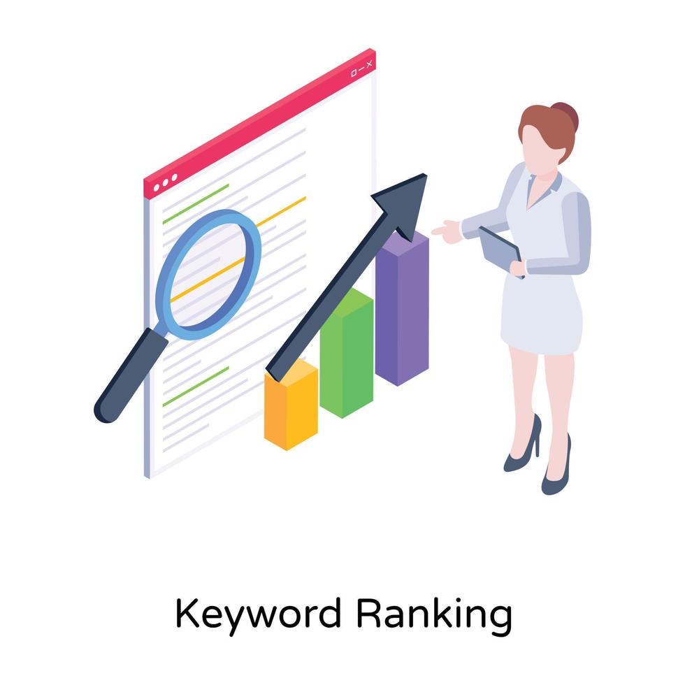 Website, Lupe und Wachstumsdiagramm, das Konzept des isometrischen Symbols für das Keyword-Ranking, vektor