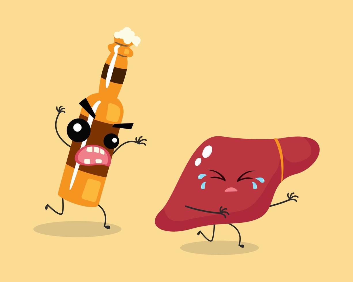 levern springa iväg från alkoholflaska tecknad. ohälsosam lever eller alkoholkoncept. vektor illustration