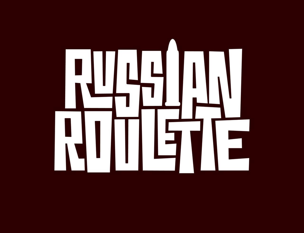 Vektorvorlage mit russischem Roulette-Schriftzug. handgezeichnete Inschrift mit einer Kugel isoliert auf rotem Hintergrund. zu Tode spielen. typografie für logo, druck, bar, game club. vektor