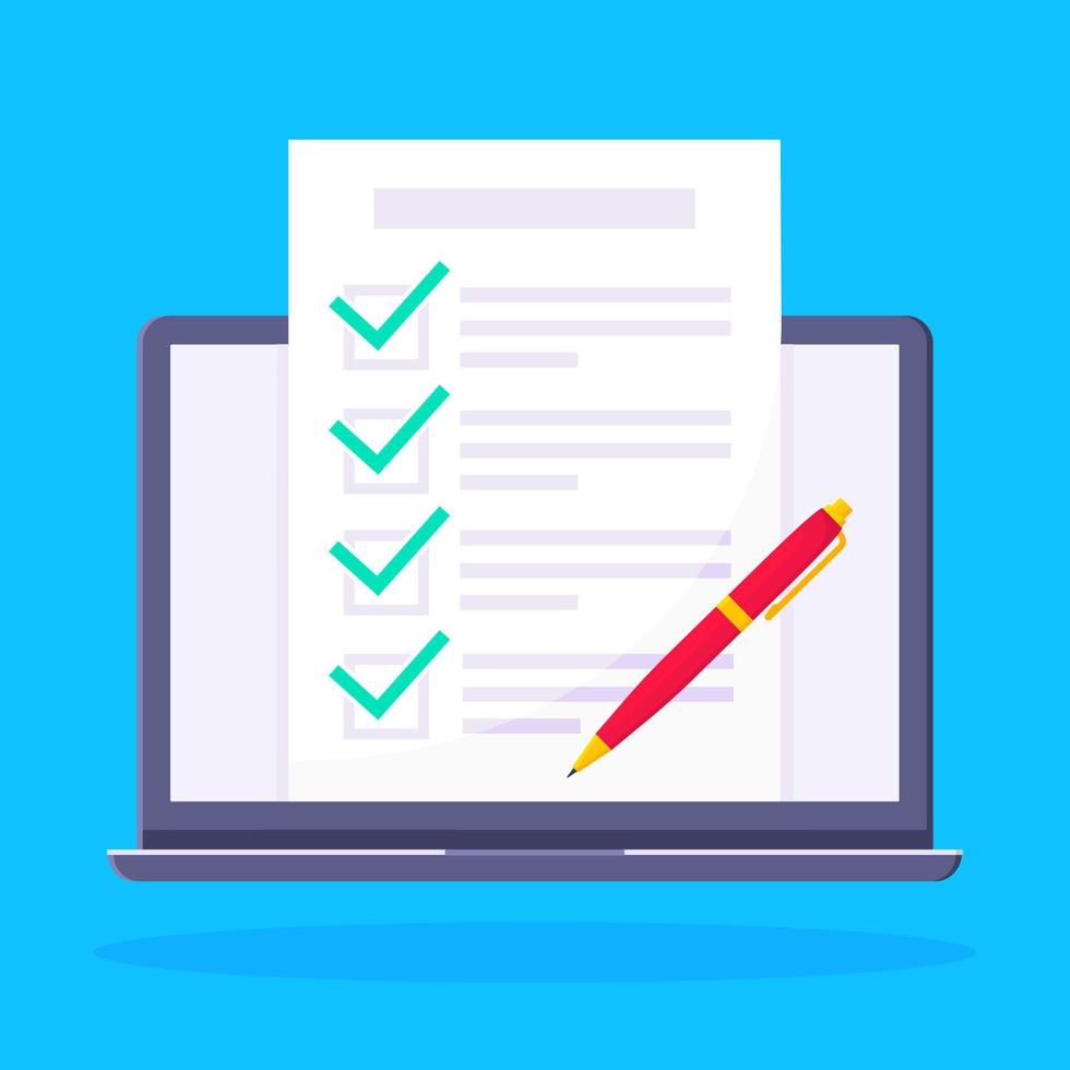 vollständige Checkliste mit Häkchen über dem Bildschirm des Notebook-Monitors. vektor
