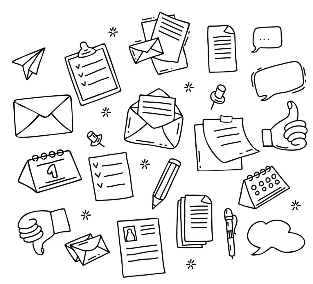företag ikoner set. brev, papper, kuvert och brev, bubbelmoln för text och pappersklistermärke, handgest och kalender. vektor illustration. isolerade linjär handritad doodles på vit bakgrund
