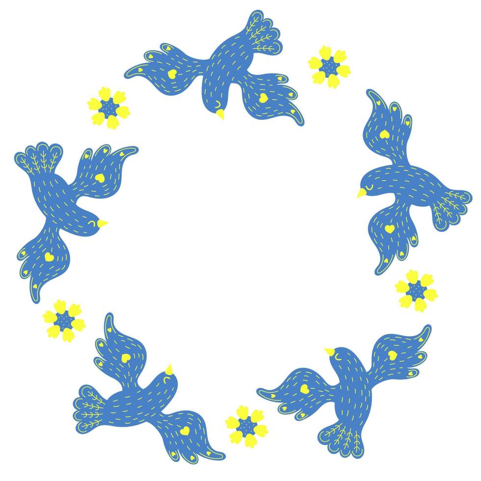 rund ram med blå fåglar duva och gula blommor solros. servett i gula och blå färger, av ukrainska flaggan. vektor illustration. blommönster för dekor, design, tryck och servetter