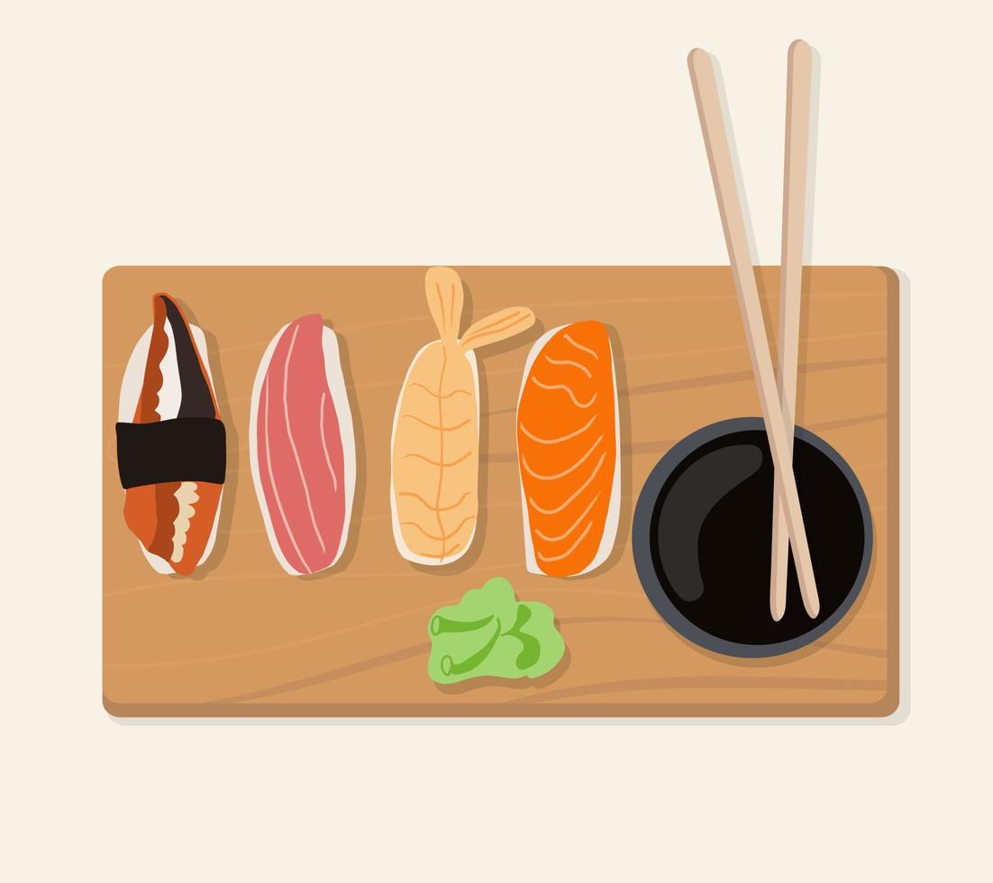 uppsättning traditionella japanska rätter av rullar och sushi med skaldjur. på en träbricka vektor