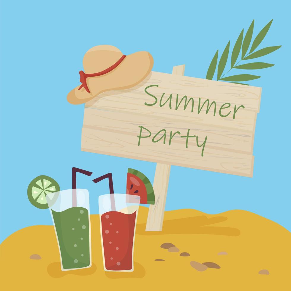 genieße die Sommerzeit. fruchtige Cocktails bei der Strandparty. Holzschild und Hintergrund für Beschriftungen und Ankündigungen. vektor