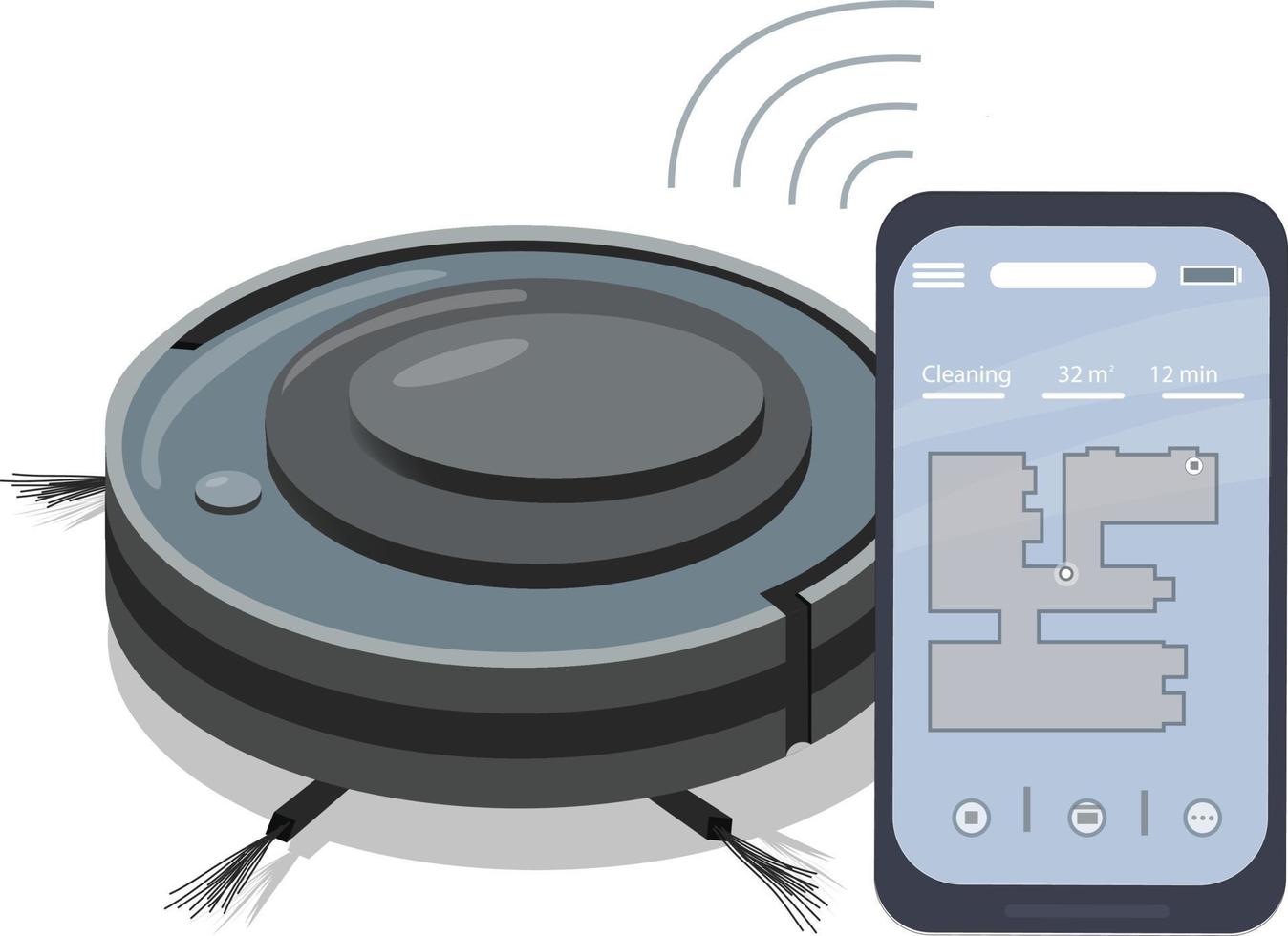 eine Smartphone-App, die einen Staubsauger-Roboter steuert. moderne haushaltsgeräte zur reinigung von wohnungen. intelligente Geräte. kabellose Verbindung. vektor
