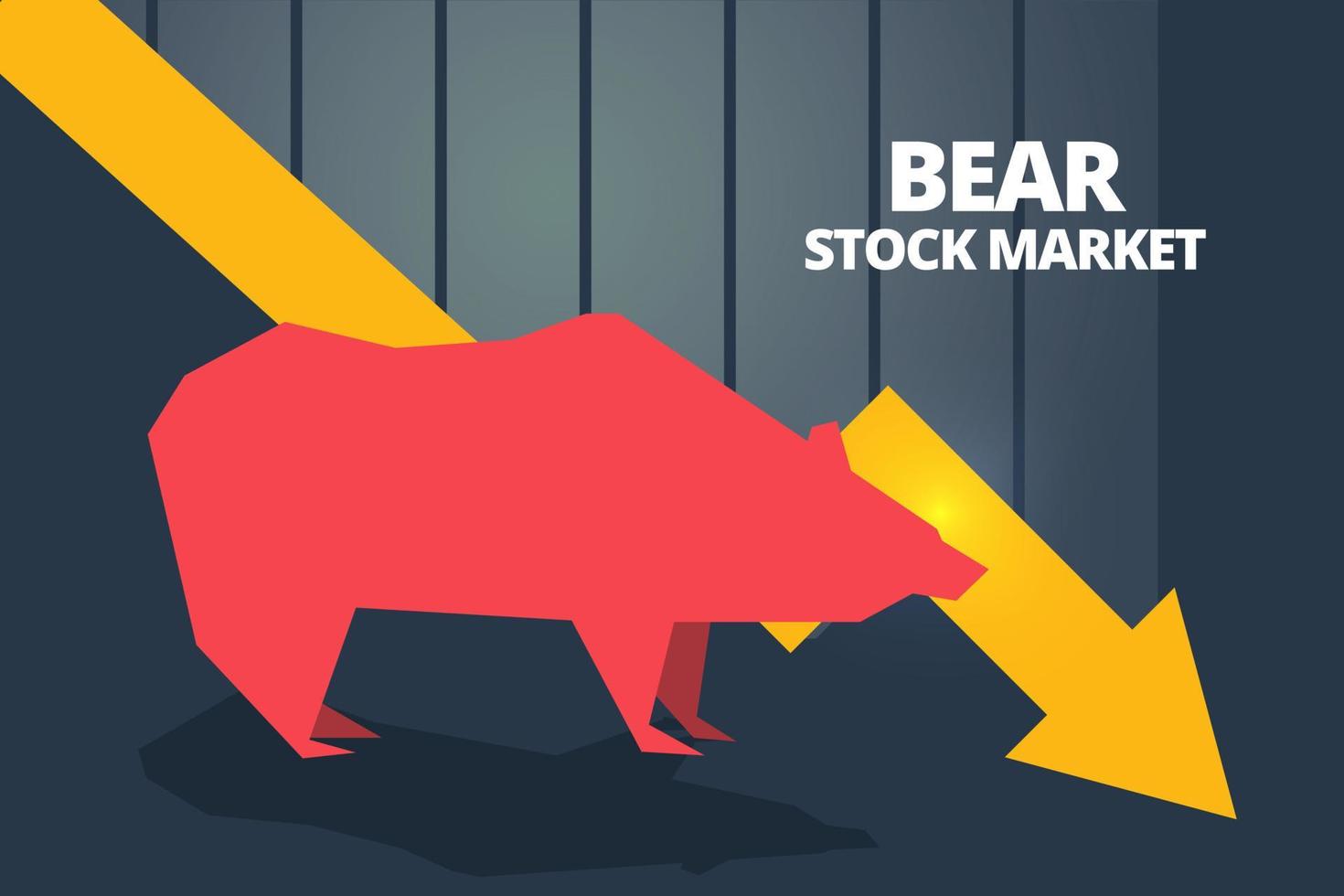 Bären- oder Bärensymbol mit nach unten gerichtetem Pfeildiagramm und Balken. konzepte für den aktienmarkt der bullen- und bärenbörse oder finanzen. Vektor des Bärenmarkt-Abwärtstrend-Aktienmarktes und des Handelsdiagramms.