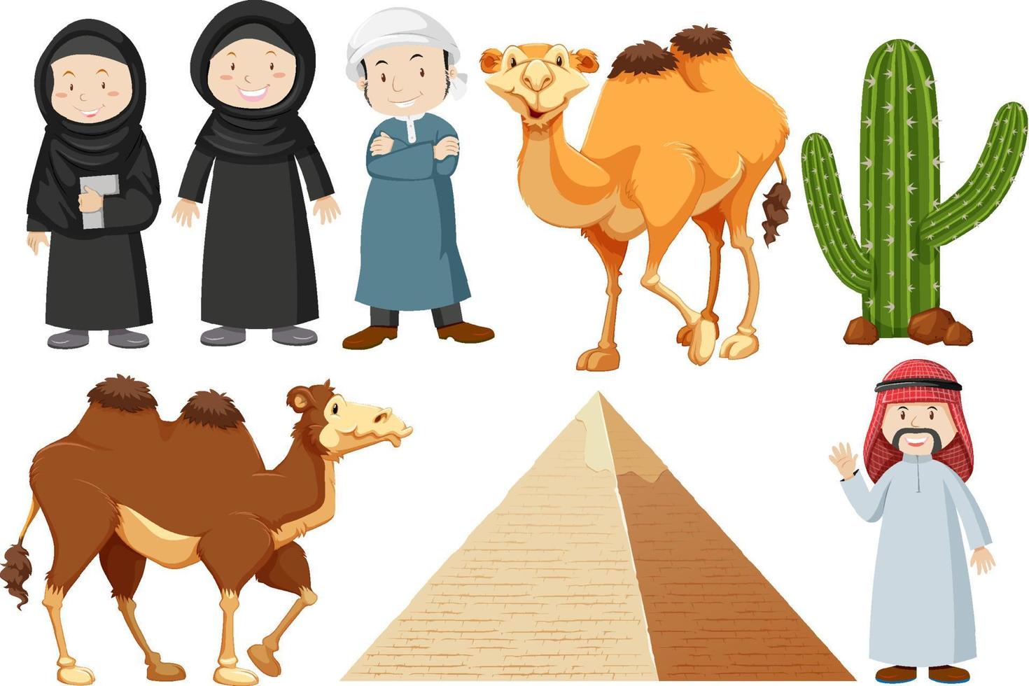 arabiska människor med kaktus och pyramid vektor