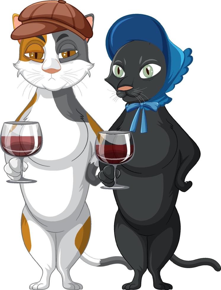 Katzen stehen und trinken Wein auf weißem Hintergrund vektor