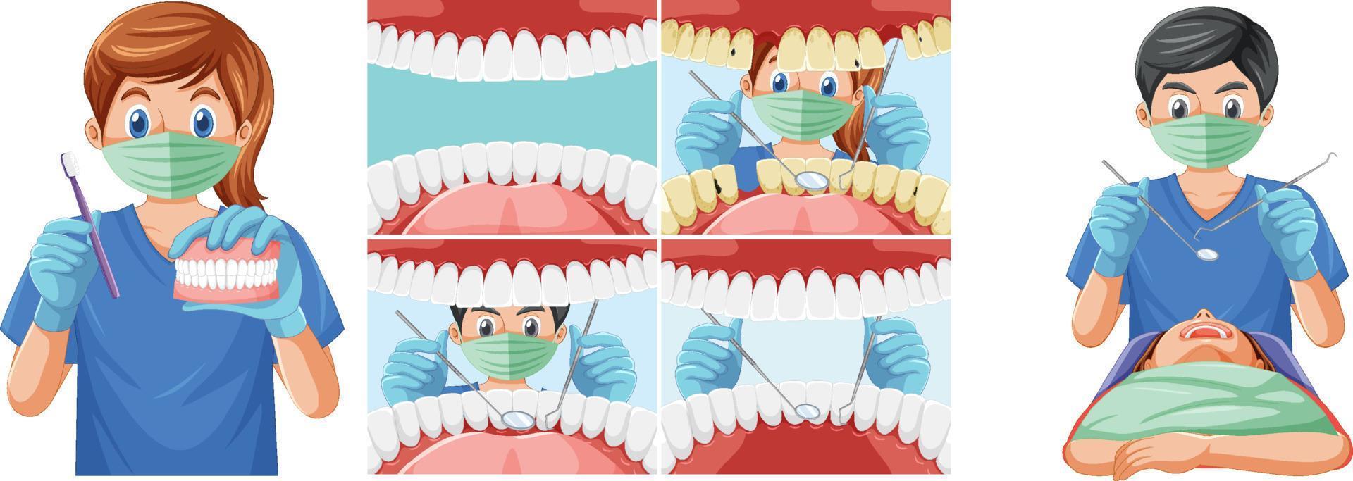 uppsättning tandläkare som håller instrument som undersöker patientens tänder inuti människans mun vektor
