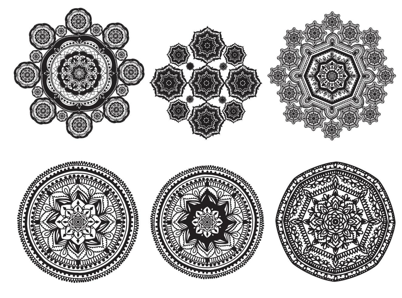 set mandala, etniskt element mehendi svart, dekoration, prydnad i en cirkel hennateckning, tatuering, vektor