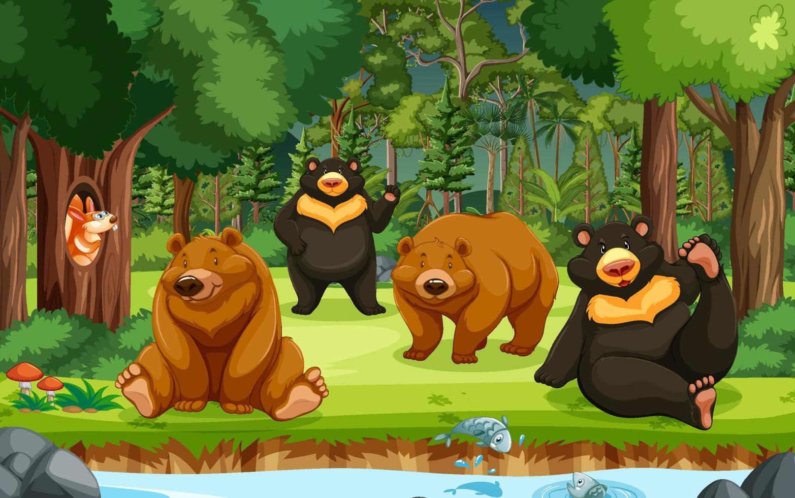 grupp av björnar i skogen scenen vektor