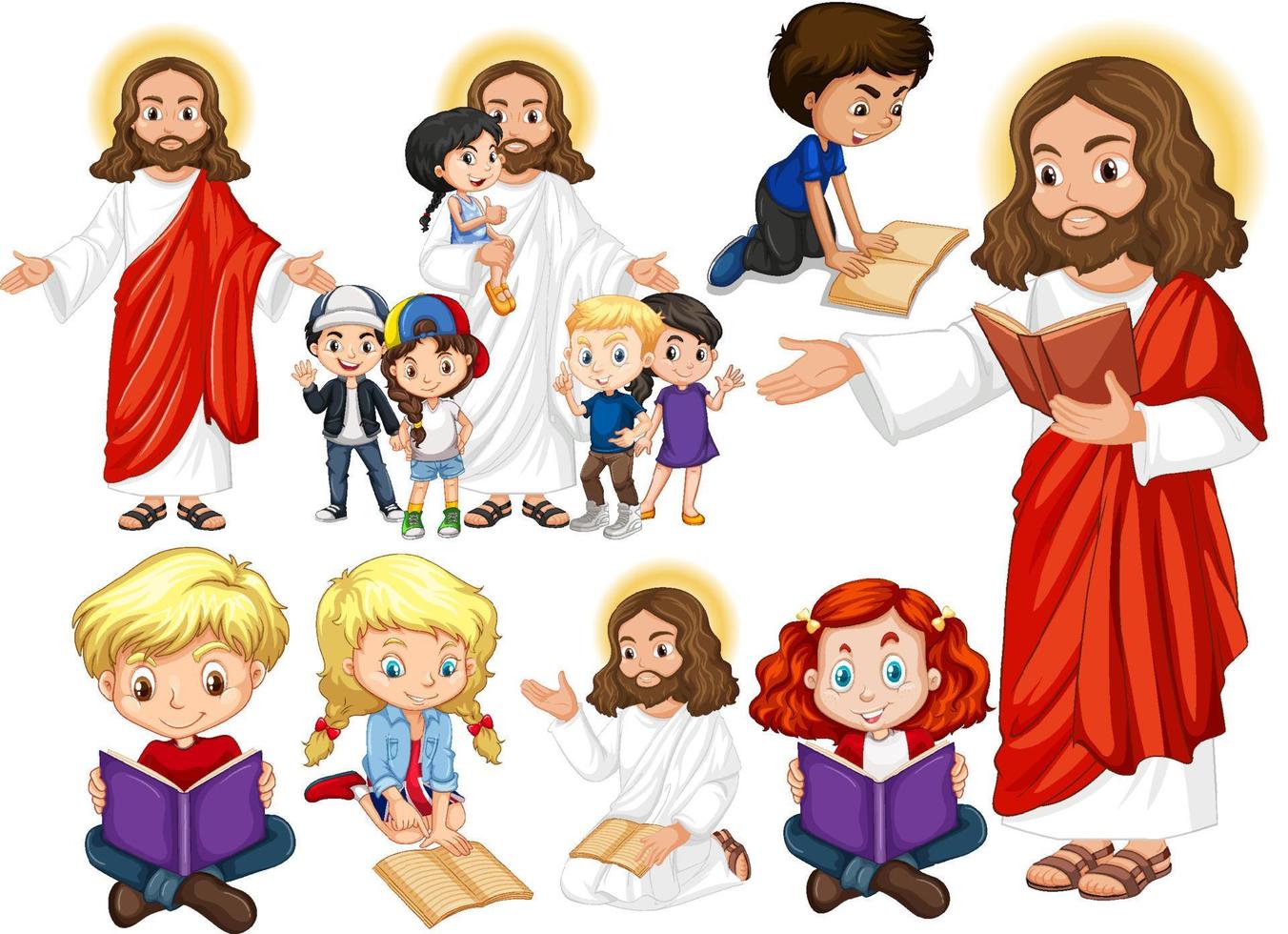 Jesus und glückliche Kinder lesen Buch vektor