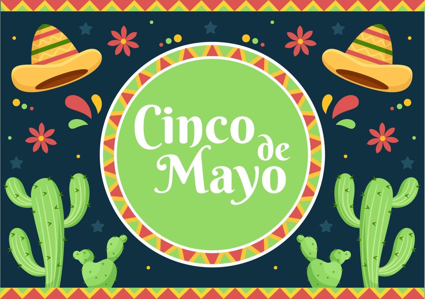 cinco de mayo mexikansk semesterfirande tecknad stilillustration med kaktus, gitarr, sombrero och dricka tequila för affisch eller gratulationskort vektor