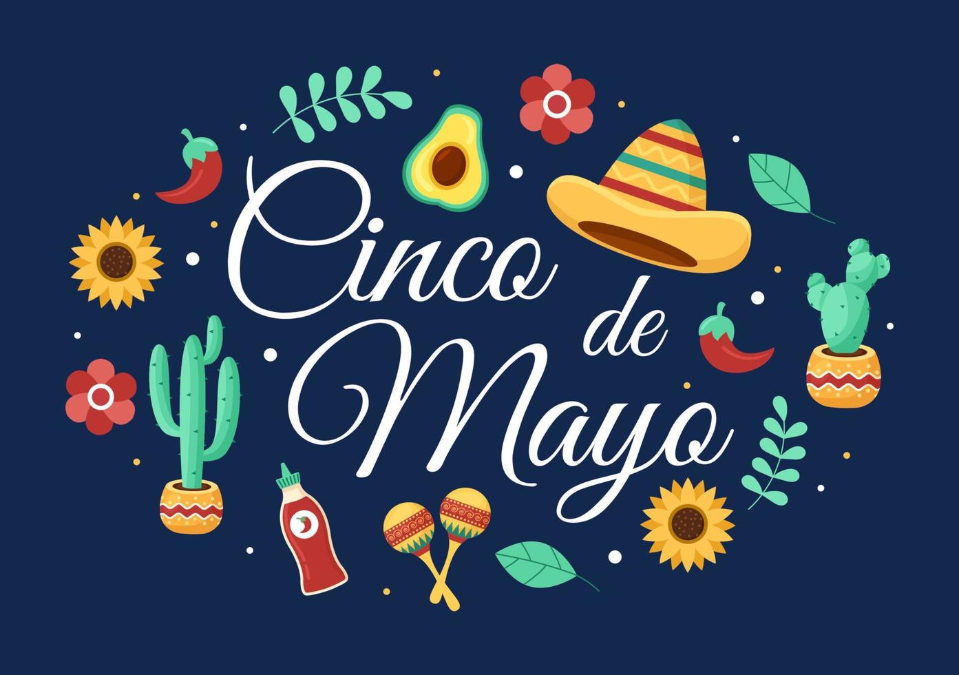 cinco de mayo mexikanische feiertagsfeier-karikaturartillustration mit kaktus, gitarre, sombrero und trinkendem tequila für plakat oder grußkarte vektor