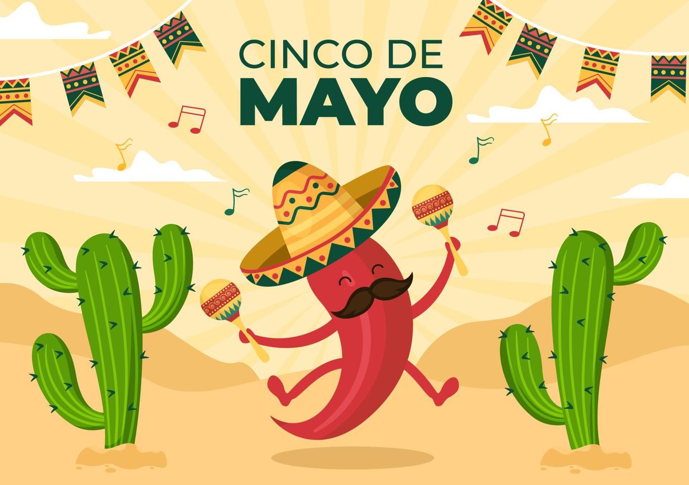 cinco de mayo mexikanische feiertagsfeier-karikaturartillustration mit kaktus, gitarre, sombrero und trinkendem tequila für plakat oder grußkarte vektor