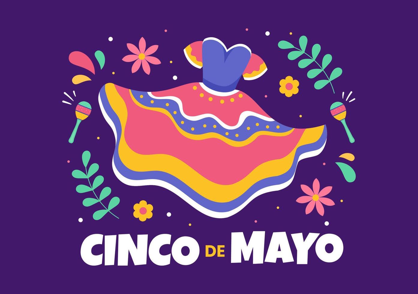 cinco de mayo mexikansk semesterfirande tecknad stilillustration med kaktus, gitarr, sombrero och dricka tequila för affisch eller gratulationskort vektor