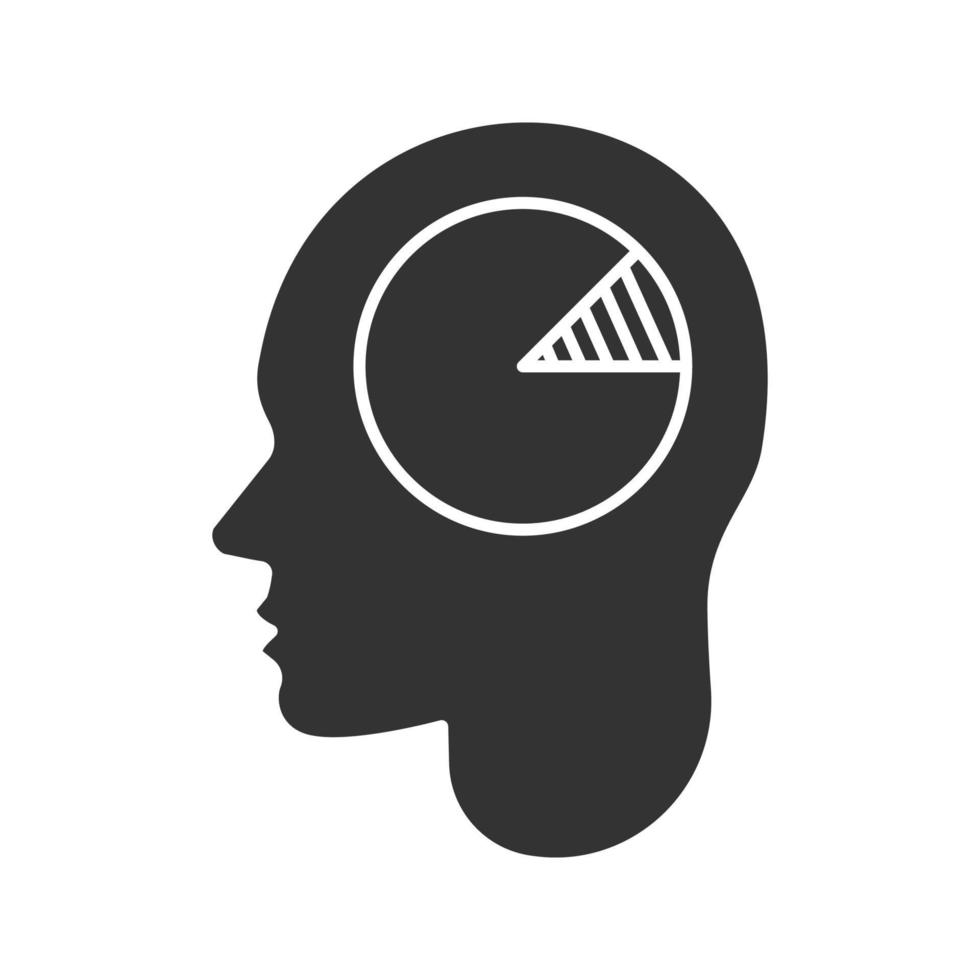 mänskligt huvud med diagram inuti glyfikonen. analytiskt sinne. siluett symbol. ekonom, revisor. negativt utrymme. vektor isolerade illustration