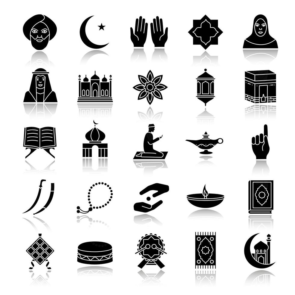 islamisk kultur skugga svart glyf ikoner set. muslimska egenskaper. religionssymbolik. isolerade vektorillustrationer vektor
