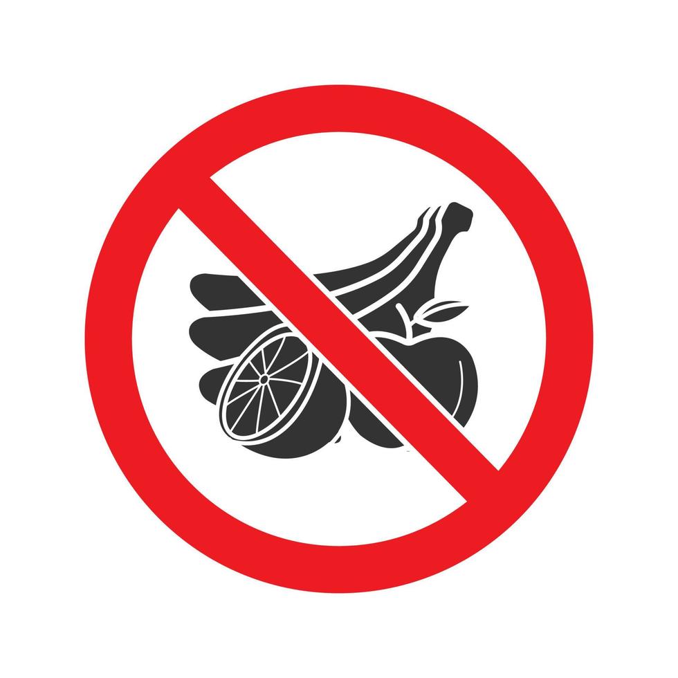 verbotenes Schild mit Frucht-Glyphen-Symbol. Silhouettensymbol stoppen. Bananen, Apfel und Zitrone im Verbotskreis. negativer Raum. vektor isolierte illustration