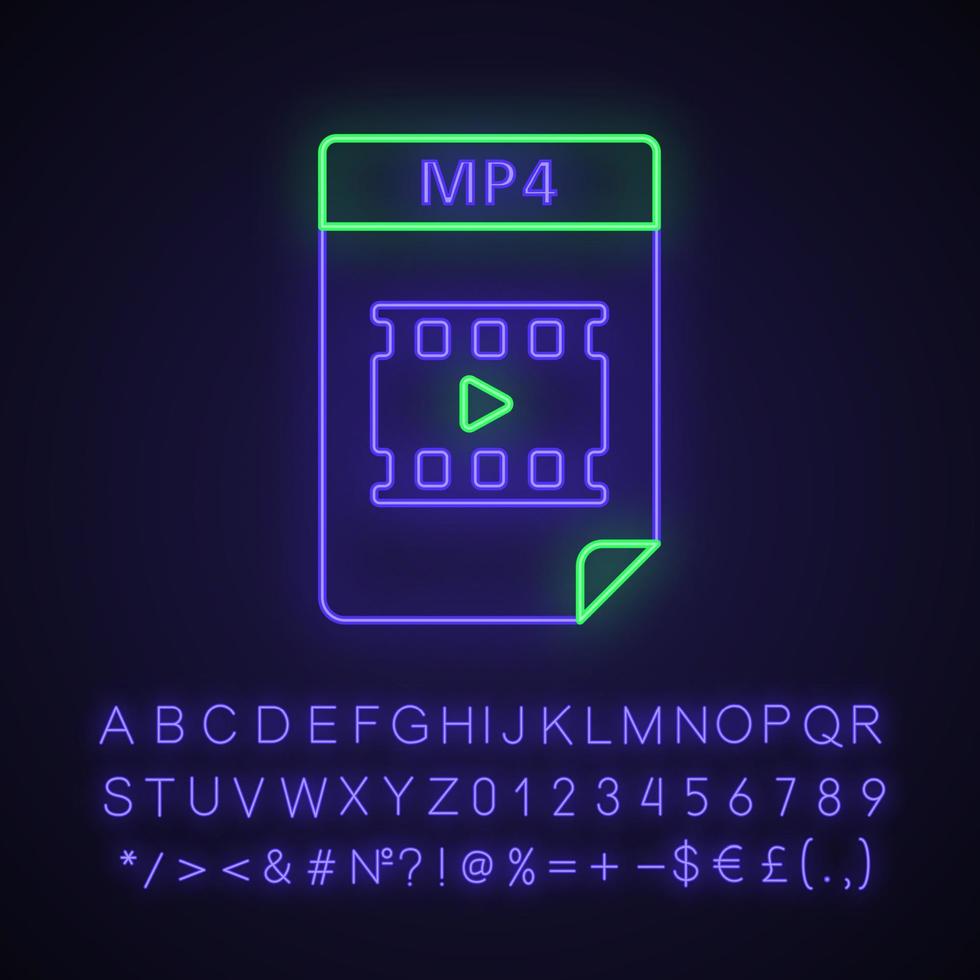 mp4-Datei Neonlicht-Symbol. digitales Multimedia-Dateiformat. Video- und Audiodokument. leuchtendes zeichen mit alphabet, zahlen und symbolen. vektor isolierte illustration