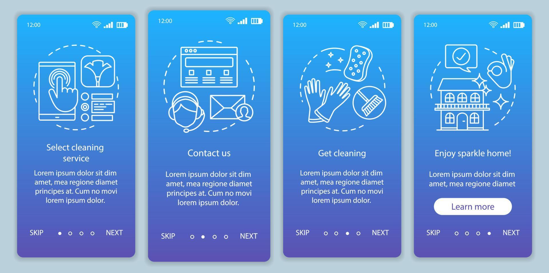 städtjänst bokning onboarding mobil app sida skärm vektor mall. planering av hemstädning. genomgång av webbplatssteg med linjära illustrationer. ux, ui, gui smartphone gränssnitt koncept