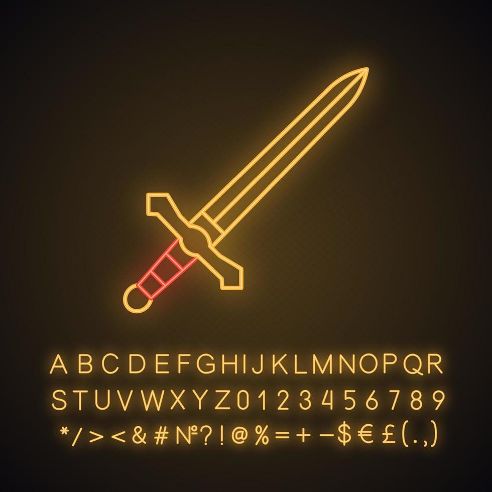 Metalldolch Ritter Schwert Neonlicht Symbol. Waffe für mittelalterliche Krieger. lange Klinge. Schwert für Sparring und Kampf. leuchtendes zeichen mit alphabet, zahlen und symbolen. vektor isolierte illustration