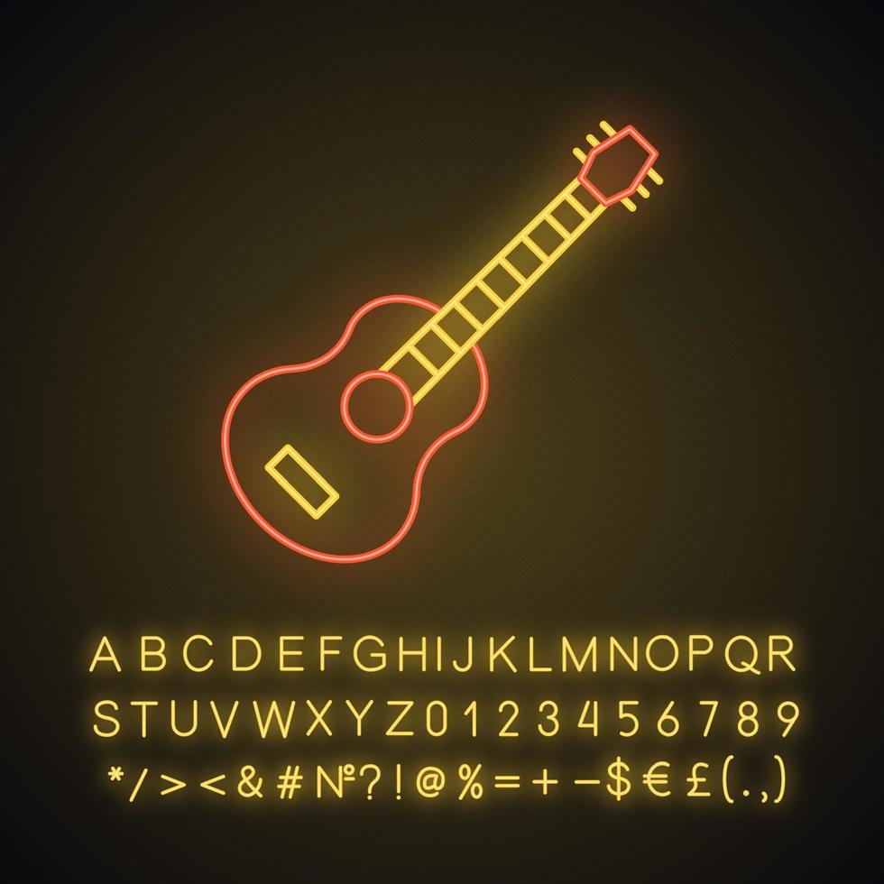 Gitarren-Neonlicht-Symbol. mexikanischer Vihuela. Saiten akustisches Musikinstrument. Ukulele. leuchtendes zeichen mit alphabet, zahlen und symbolen. vektor isolierte illustration