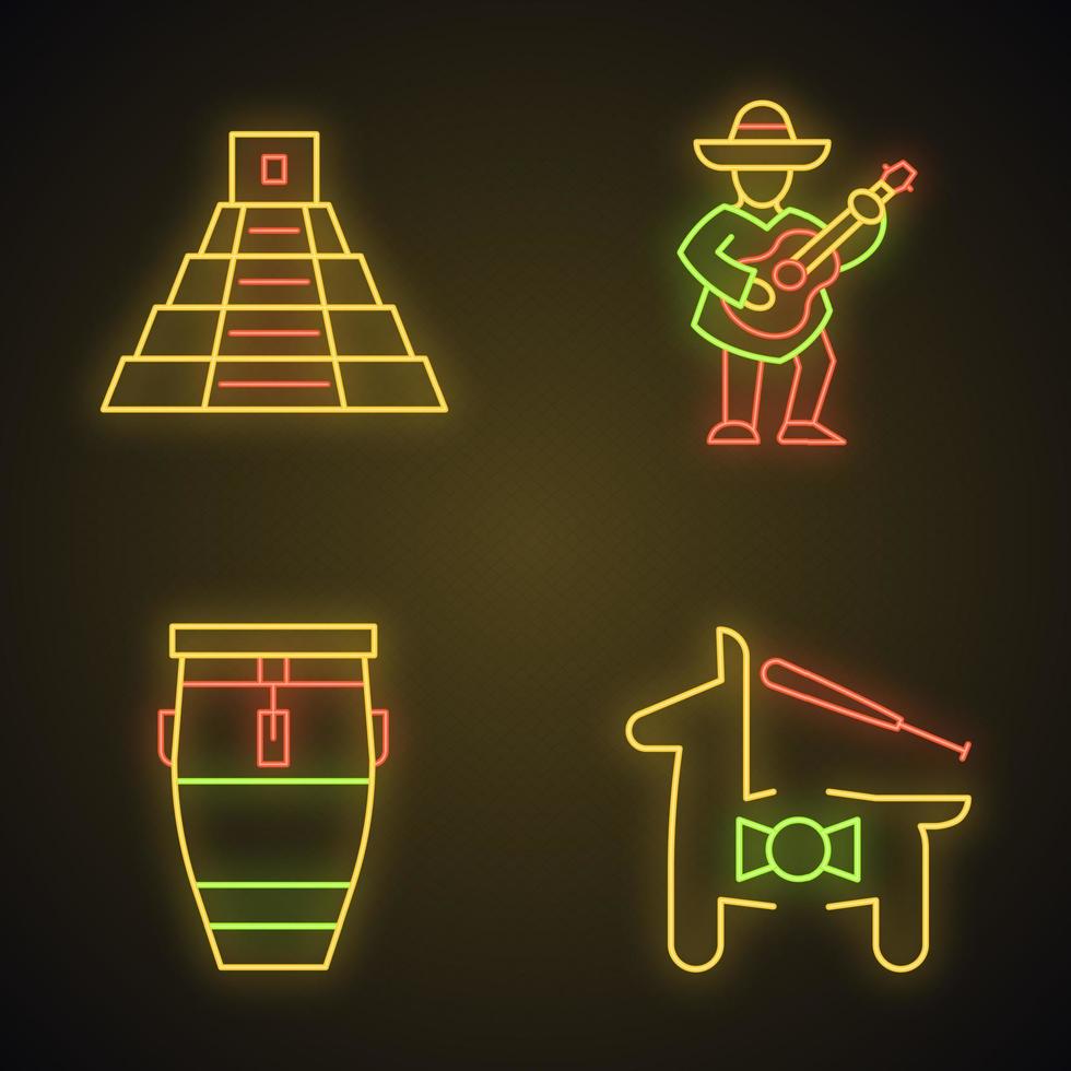 mexikansk kultur neonljus ikoner set. latinamerikanska attraktioner och underhållning. femte maj. mexikansk pyramid, gitarrspelare, congatrumma, pinata. glödande tecken. vektor isolerade illustrationer