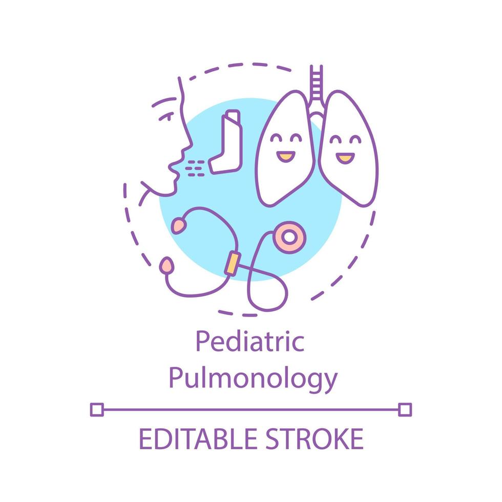 Symbol für das Konzept der pädiatrischen Pneumologie. Erkrankungen der Atemwege. Kinder lunge. Lungenarzt Gerät. Atemwegsmedizin Idee dünne Linie Abbildung. Vektor isolierte Umrisszeichnung. bearbeitbarer Strich