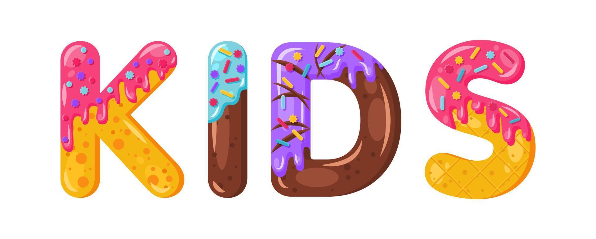 Donut Cartoon Kinder Keks fetter Schriftstil. verglaste Großbuchstaben. verlockende Typografie mit flachem Design. Kekse, Schokoladenbuchstaben. weißer Hintergrund. gebäck, bäckerei, waffel isolierte vektorcliparts vektor