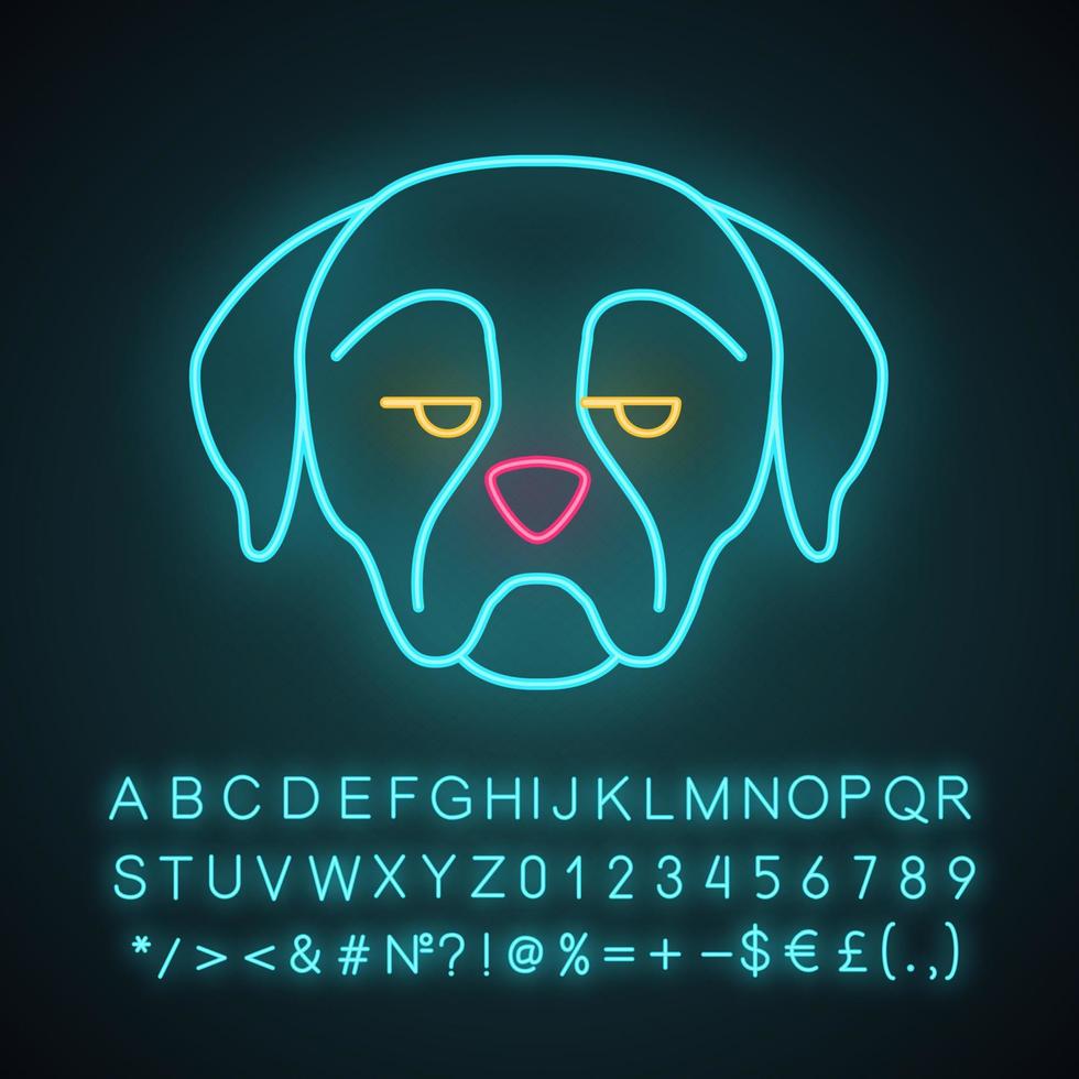 rottweiler niedlicher kawaii neonlichtcharakter. Hund mit unamüsierter Schnauze. Tier mit Augen, die zur Seite schauen. lustiges Emoji, Emoticon. leuchtendes Symbol, Alphabet, Zahlen, Symbole. vektor isolierte illustration