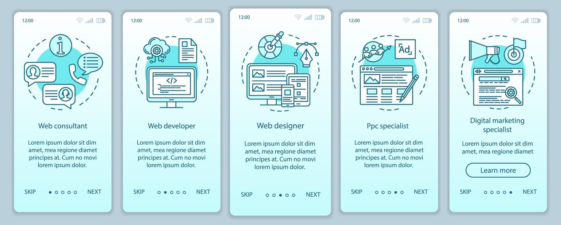 web-consulting-onboarding-mobile-app-seitenbildschirm-vektorvorlage. Webseitenentwicklung. digitales Marketing. Walkthrough-Website-Schritte mit linearen Illustrationen. ux, ui, gui smartphone-schnittstellenkonzept vektor