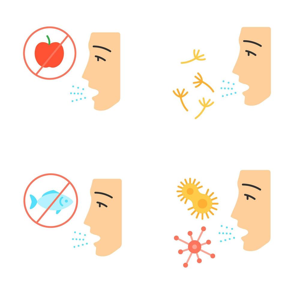 Allergien flaches Design lange Schatten Farbsymbole gesetzt. Nahrungsmittel-, Pollen-, Bakterienunverträglichkeit. Allergenquellen. allergische Erkrankungen. Medizinisches Problem. Ursache der Schwellung. Vektor-Silhouetten-Illustrationen vektor