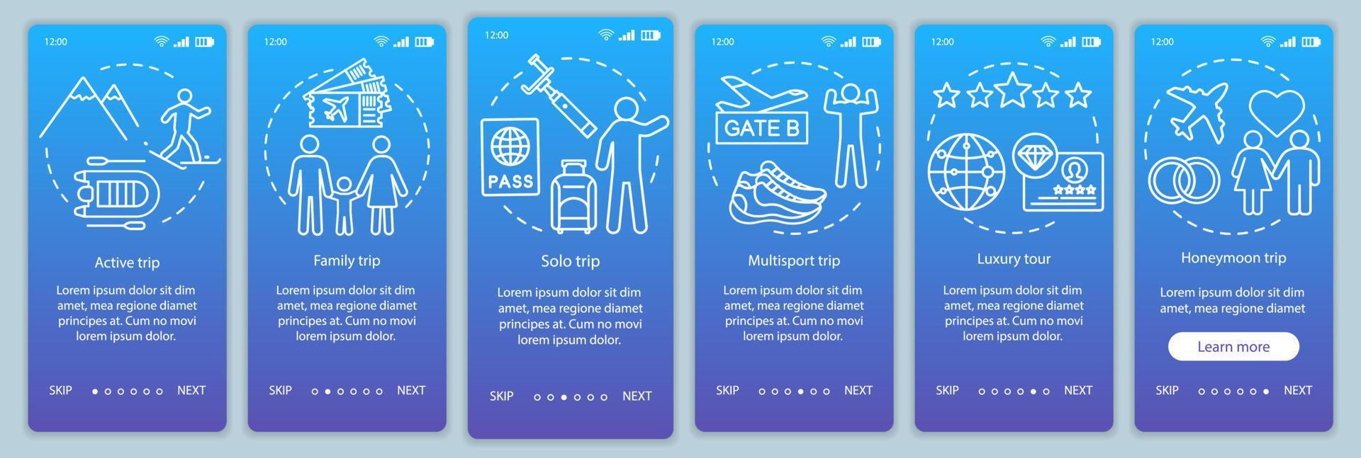 reisestile beim onboarding der mobilen app-seitenbildschirm-vektorvorlage. Luxus- und Multisporttour. Solo-Reise. Walkthrough-Website-Schritte mit linearen Illustrationen. ux, ui, gui smartphone-schnittstellenkonzept vektor