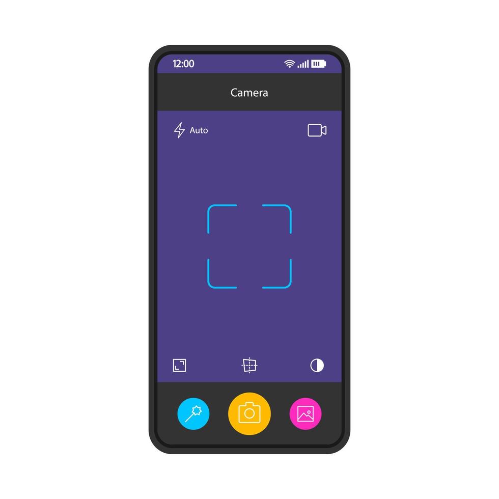 Vektorvorlage für Smartphone-Kameraschnittstelle. lila designlayout der mobilen app-seite. mobiler Kamerabildschirm. Fotogerät. flache Benutzeroberfläche für Fotoanwendungen. Fotosymbol Telefonanzeige vektor