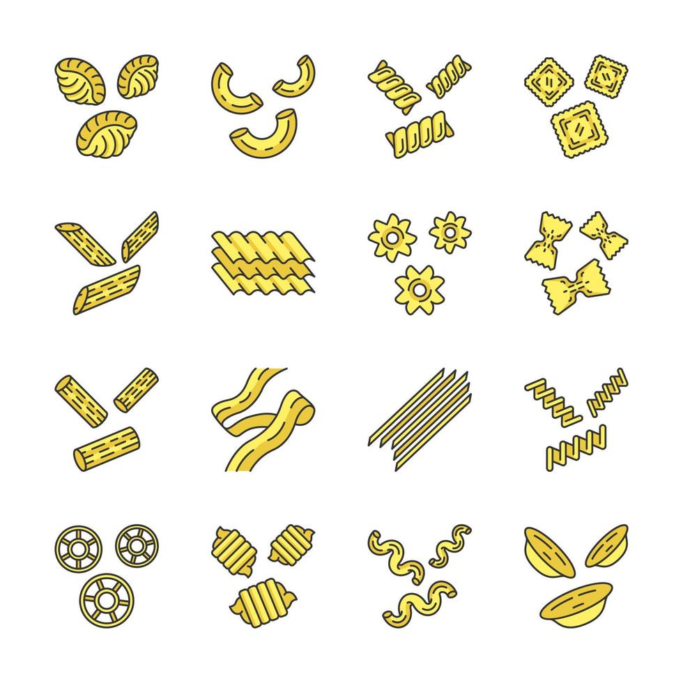 pasta nudlar färg ikoner set. traditionella italienska makaroner. formade och torkade osyrade degprodukter. sortiment av torra mjölvaror. olika typer av nudlar. isolerade vektorillustrationer vektor