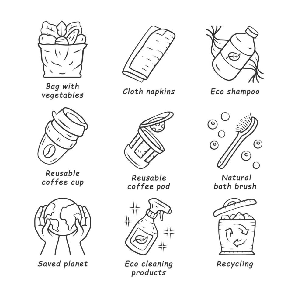 Zero Waste Swaps handgefertigte lineare Symbole gesetzt. umweltfreundliche Produkte. wiederverwendbare Kaffeetasse, Öko-Shampoo, Naturbürste. dünne Linienkontursymbole. isolierte vektorumrissillustrationen. editierbarer Strich vektor