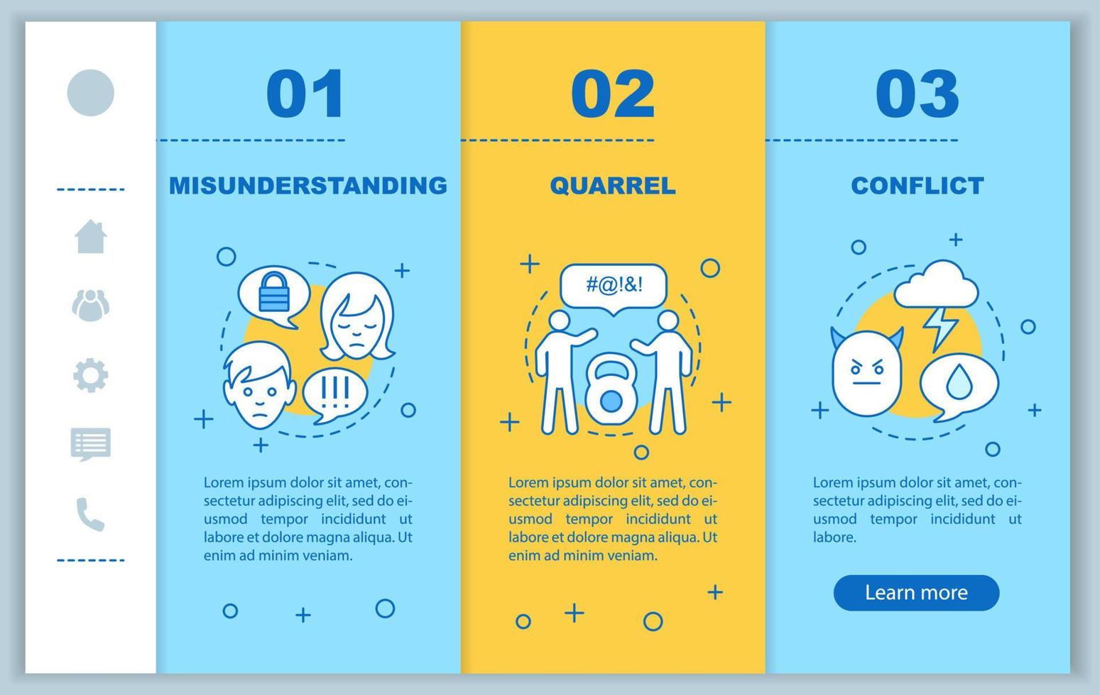 beziehungen beim onboarding der mobilen app-seitenbildschirm-vektorvorlage. menschliche Psychologie. missverständnis, streit, konfliktlösungsschritte mit linearen illustrationen. ux, ui, smartphone-schnittstellenkonzept vektor