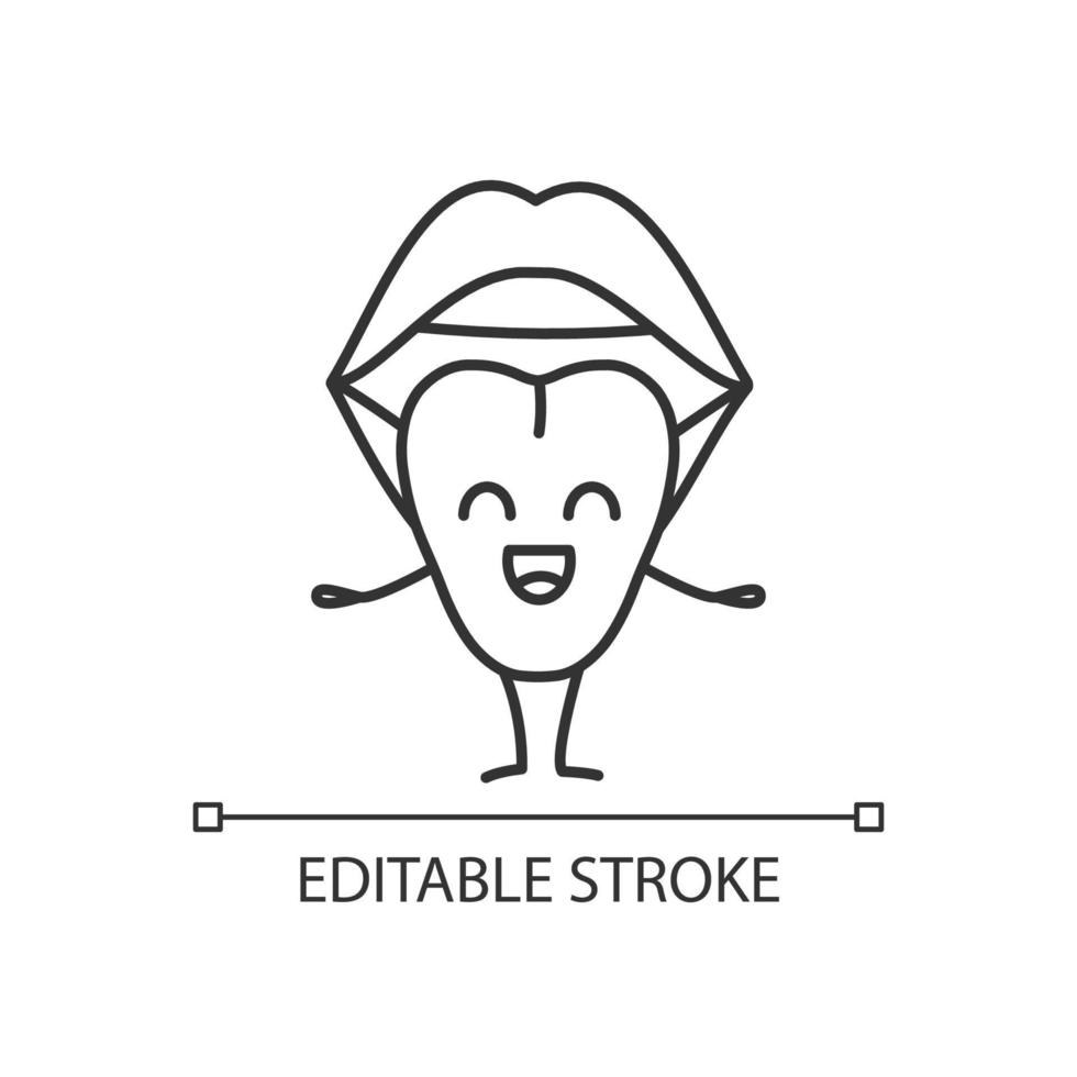 lächelnde Zunge Emoji lineares Symbol. dünne Liniendarstellung. offener weiblicher Mund. gesunde Mundhöhle. hals gesundheit. Kontursymbol. Vektor isoliert Umrisszeichnung. editierbarer Strich