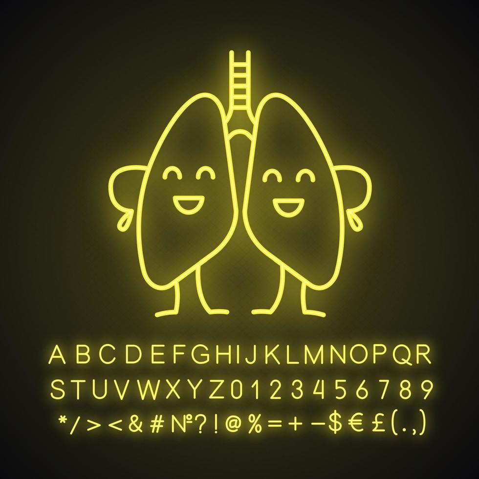 glada mänskliga lungor karaktär neonljus ikon. andningshälsa. friskt lungsystem. glödande tecken med alfabet, siffror och symboler. vektor isolerade illustration