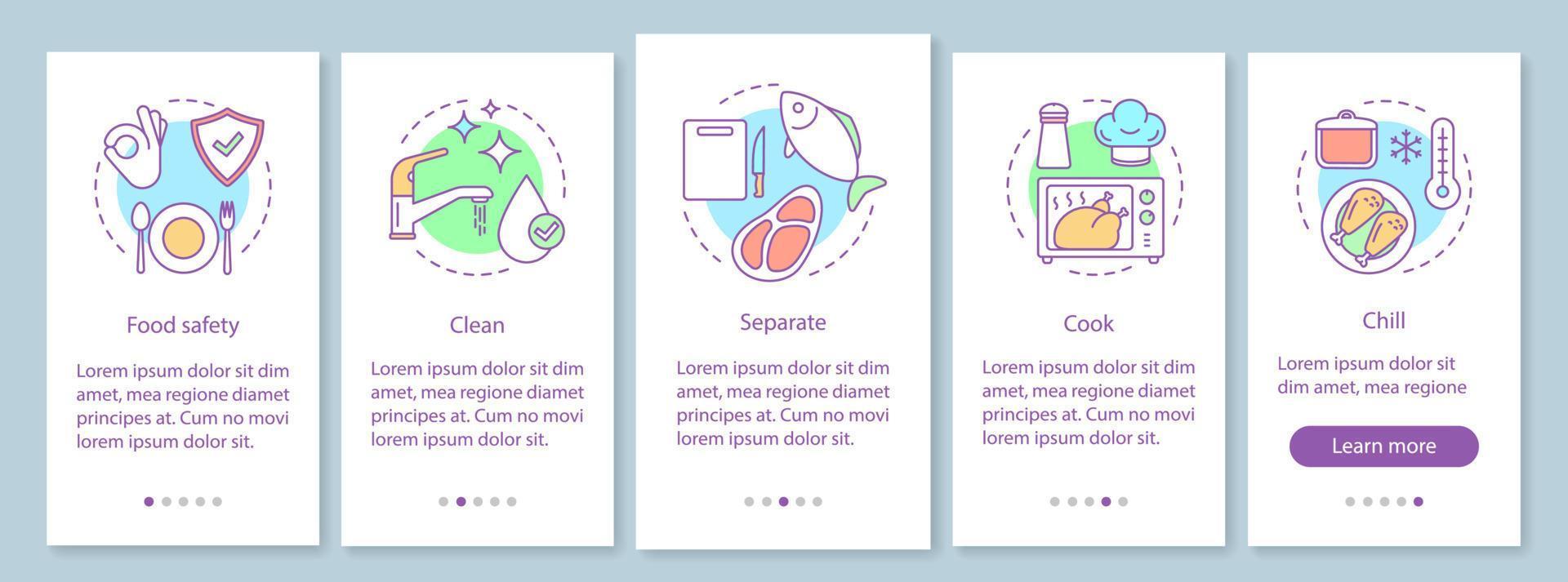 Bildschirmvorlage für die Onboarding-Seite der mobilen App für Lebensmittelsicherheit. Verarbeitung, Handhabung, Zubereitung und Lagerung von Lebensmitteln. Vorbeugung von lebensmittelbedingten Krankheiten. Walkthrough-Website-Schritte. ux, ui, gui-smartphone-schnittstelle vektor