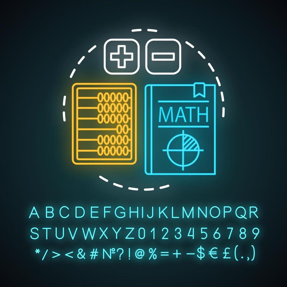 grundläggande matematik lektion neonljus koncept ikon. grundskolans matematik, addition och subtraktion kurser idé. glödande tecken med alfabet, siffror och symboler. vektor isolerade illustration