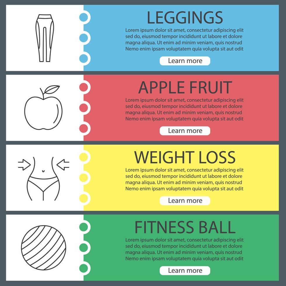 Fitness-Web-Banner-Vorlagen festgelegt. Sportausrüstung. Leggings, Apfel, Gewichtsverlust, Fitball. Farbmenüelemente der Website mit linearen Symbolen. Vektor-Header-Design-Konzepte vektor