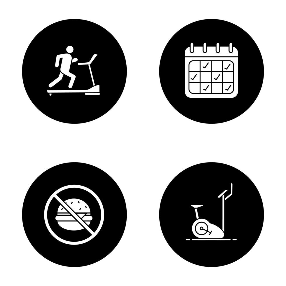 Fitness-Glyphen-Symbole gesetzt. Sportausrüstung. Laufband, Trainingskalender, gesunde Ernährung, Heimtrainer. Vektor weiße Silhouetten Illustrationen in schwarzen Kreisen