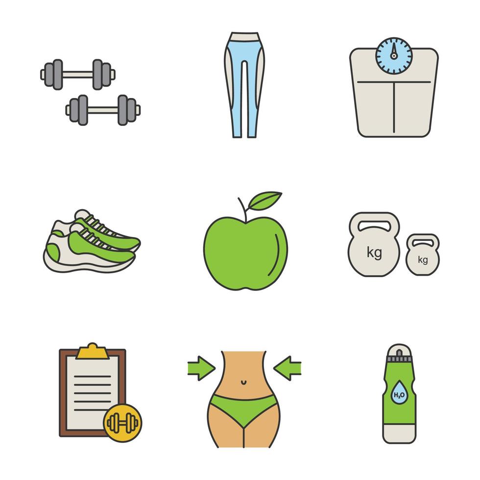 fitness färg ikoner set. hantlar, leggings, golvvåg, sneakers, apple, kettlebells, träningsguide, viktminskning, vattenflaska. isolerade vektor illustration