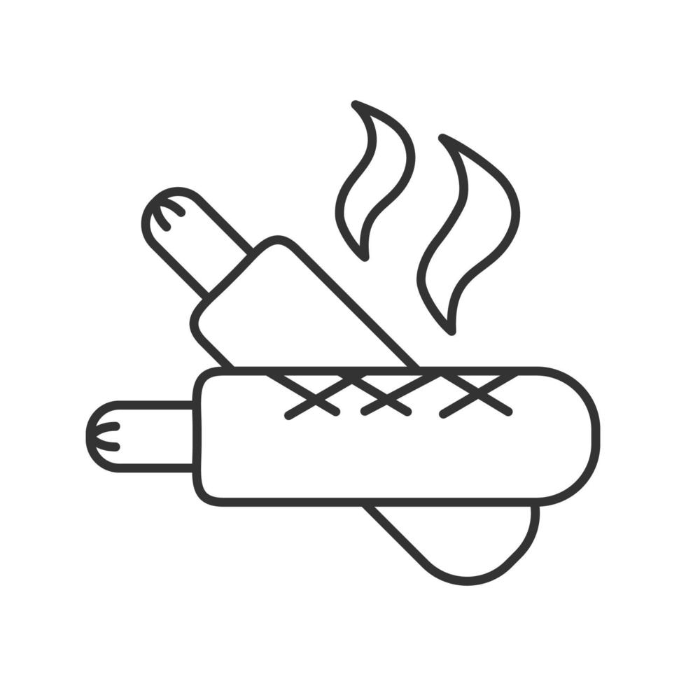 Lineares Symbol für französische Hot Dogs. dünne Liniendarstellung. Würstchen im Teig. Kontursymbol. Vektor isoliert Umrisszeichnung
