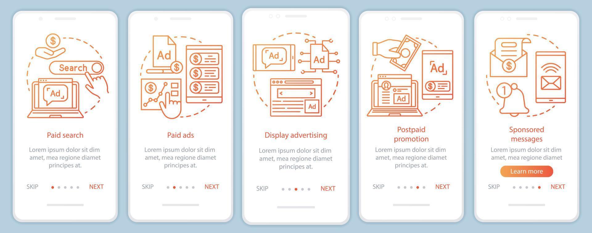 PPC-Kanäle orangefarbene Onboarding-Seite für mobile App-Bildschirmvektorvorlagen. Medienmarketing, Werbenetzwerke Walkthrough-Website-Schritte mit linearen Illustrationen. ux, ui, gui smartphone-schnittstellenkonzept vektor