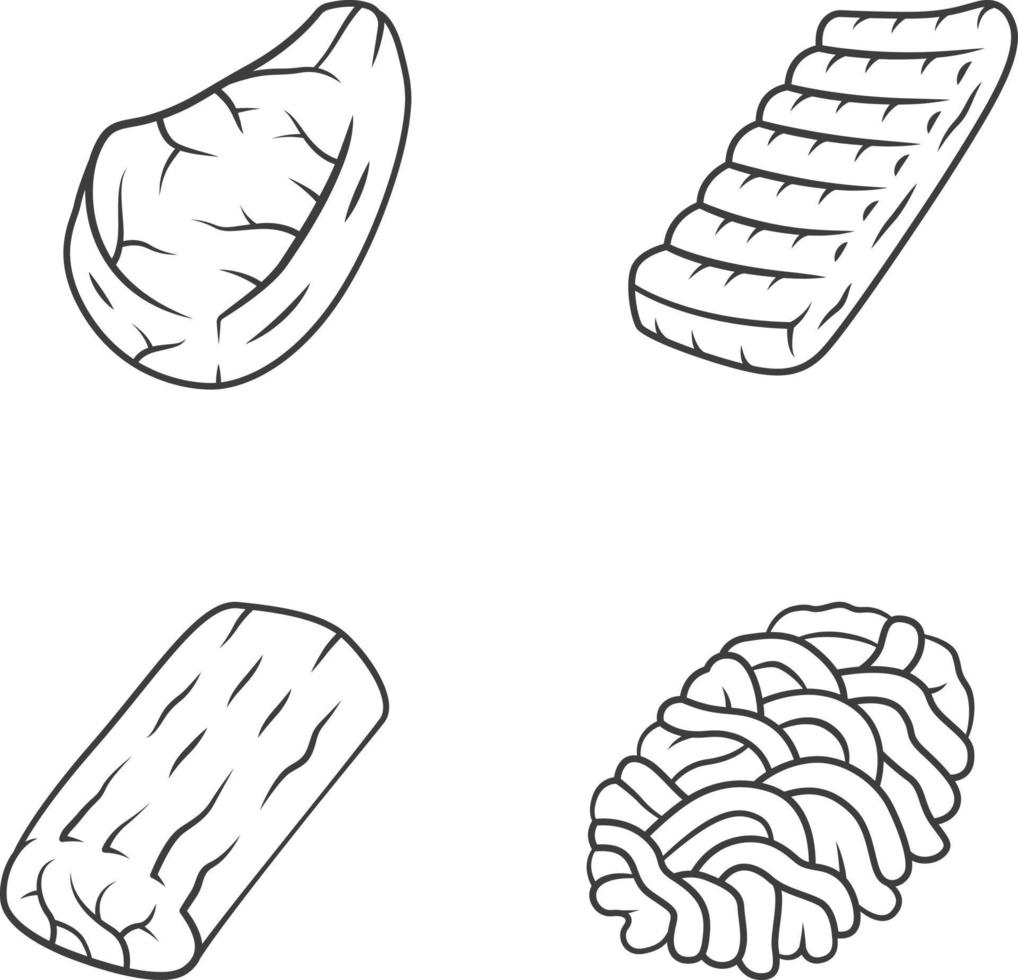 slaktare kött linjära ikoner set. köttfärs, fläskbiff, fläskstek, nötrevben. slakteriverksamhet. proteinkällor. tunn linje kontur symboler. isolerade vektor kontur illustrationer. redigerbar linje