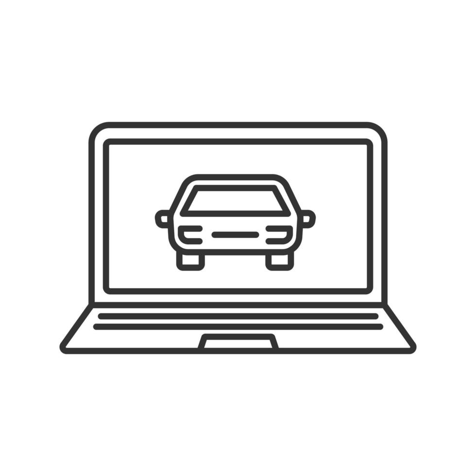 bärbar dator med bil linjär ikon. tunn linje illustration. taxi hemsida. kontur symbol. vektor isolerade konturritning