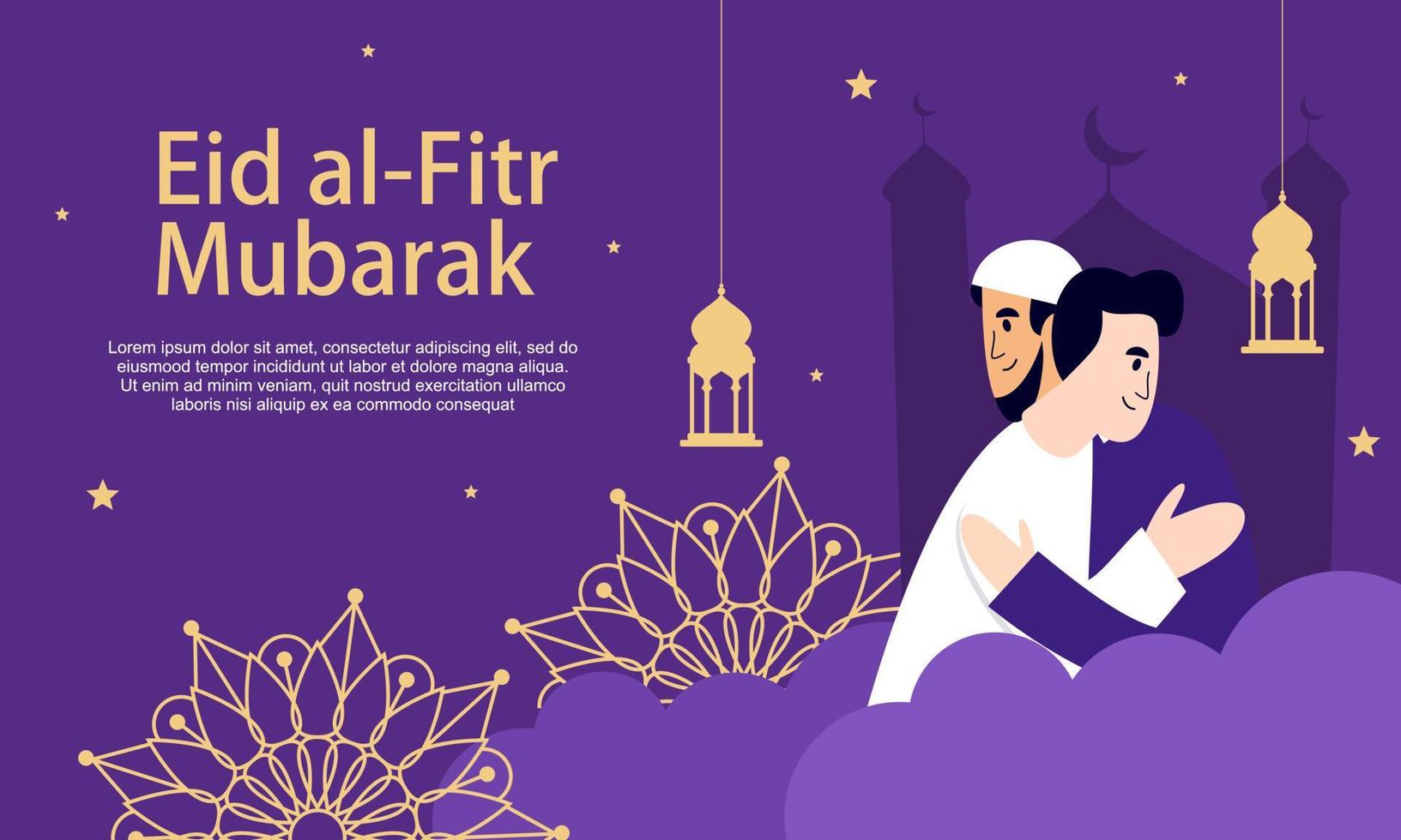 glückliches eid mubarak, ramadan mubarak grußkonzept mit menschencharakterillustration vektor